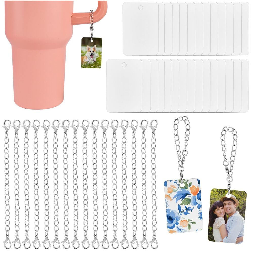 7739 30 Pack Rectangle Sublimation Cup Charms with Chains Metal Bottle